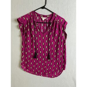 Lucky Brand Top Women's XS Blouse‎ Geometric Print Tassel V Neck Casual